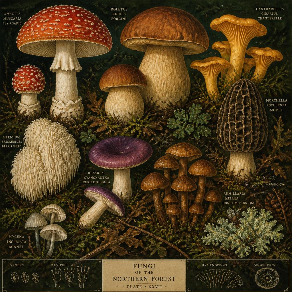 Illustrated field-guide plate of Northern forest mushroom species